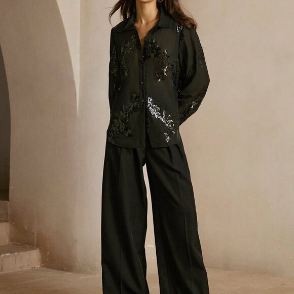 Black Elegant Women's French Rose Beaded Embroidery Semi-Sheer Blouse - Picture 4 of 7